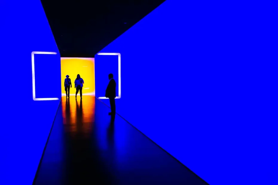 art gallery room lit in blue